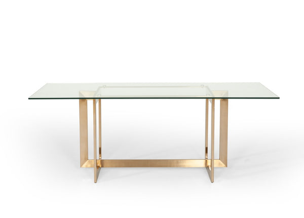 VIG Furniture Keaton Sculptural Tempered Glass Dining Table With Brass Metal Base, Seats 6, Sleek Modern Glamour VGVCT8961-G