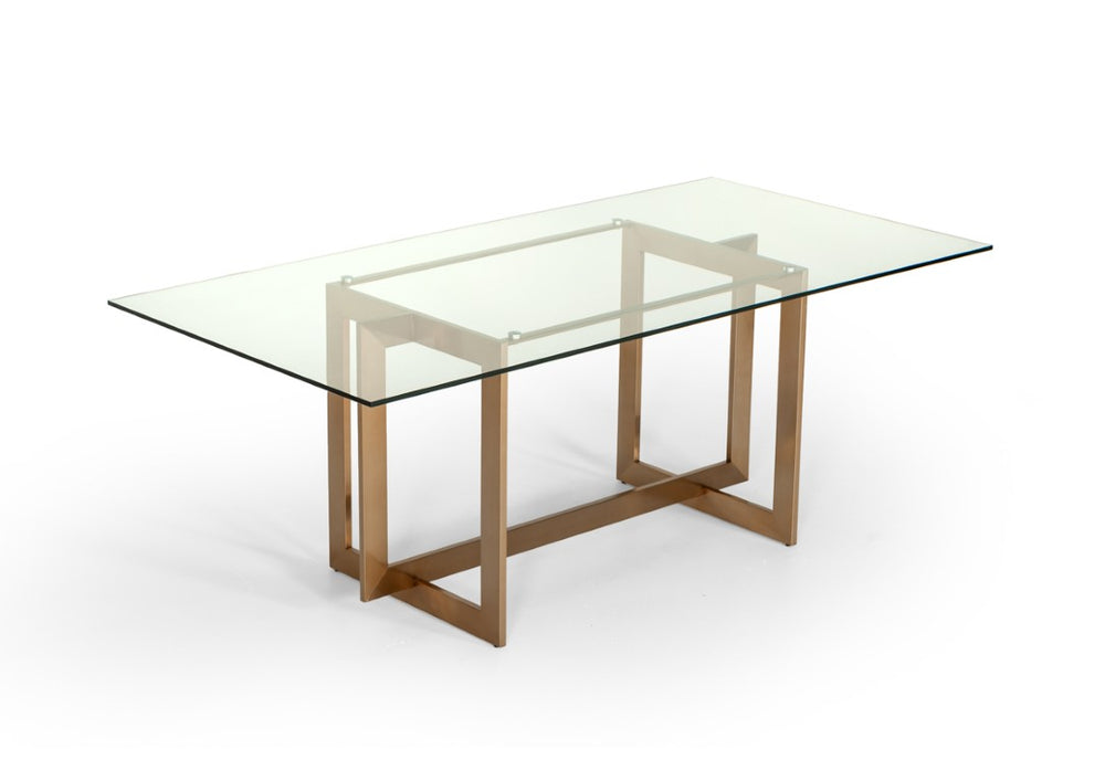 VIG Furniture Keaton Sculptural Tempered Glass Dining Table With Brass Metal Base, Seats 6, Sleek Modern Glamour VGVCT8961-G