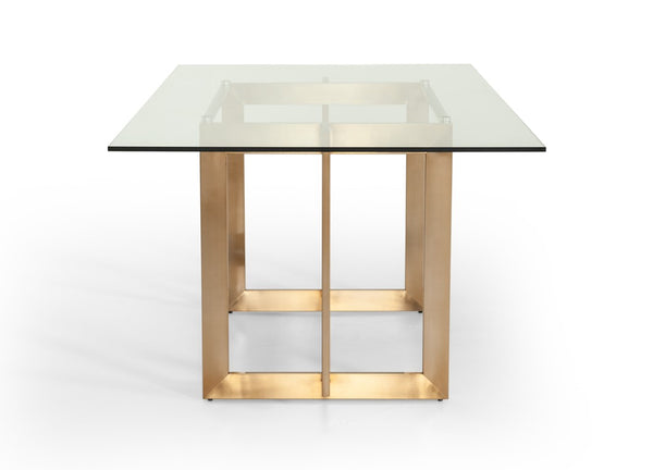 VIG Furniture Keaton Sculptural Tempered Glass Dining Table With Brass Metal Base, Seats 6, Sleek Modern Glamour VGVCT8961-G