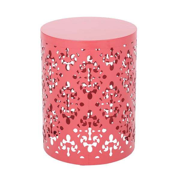 English Elm Outdoor Iron Accent Table Laser Cut Floral Cylinder Design for Patio or Balcony Coral 73605.00DCRL