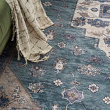 Nourison Brilliance Machine Washable WSB03 Machine Made Power-loomed Ornamental Border Indoor Only Vintage Bohemian Rug Teal Blue, Teal Blue 100% Polyester 99446914279