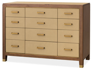Hooker Furniture Melange Zurich 12 Drawer Chest Walnut Veneer Ivory Leather Brass Hardware Bedroom 628-90011-05