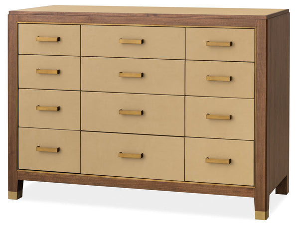 Hooker Furniture Melange Zurich 12 Drawer Chest Walnut Veneer Ivory Leather Brass Hardware Bedroom 628-90011-05
