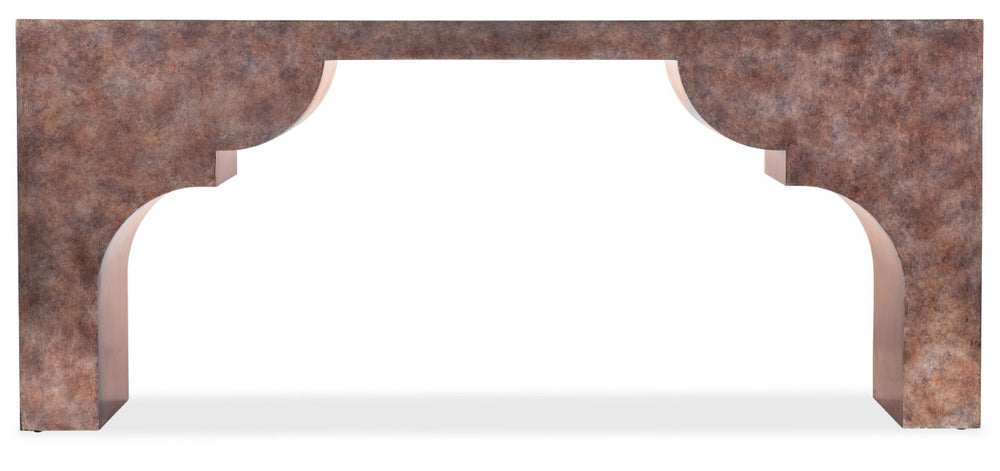 Hooker Furniture Melange Long Taj Console With Scalloped Legs, Silver Leaf & Mottled Brown Finish For Entryway Style 628-85694-80