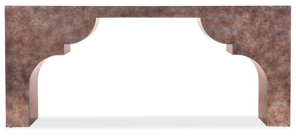 Hooker Furniture Melange Long Taj Console With Scalloped Legs, Silver Leaf & Mottled Brown Finish For Entryway Style 628-85694-80