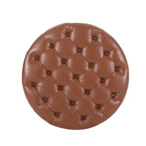 English Elm Round Tufted Pu Leather Ottoman with Open Shelf Storage for Living Room Light Brown 71589.00COGN