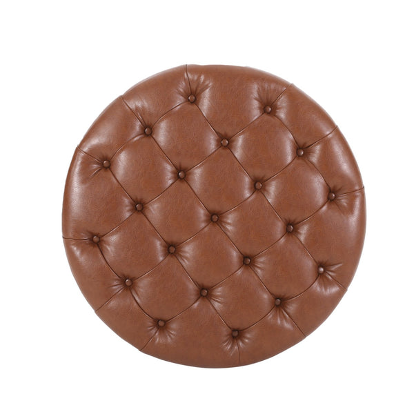 English Elm Round Tufted Pu Leather Ottoman with Open Shelf Storage for Living Room Light Brown 71589.00COGN