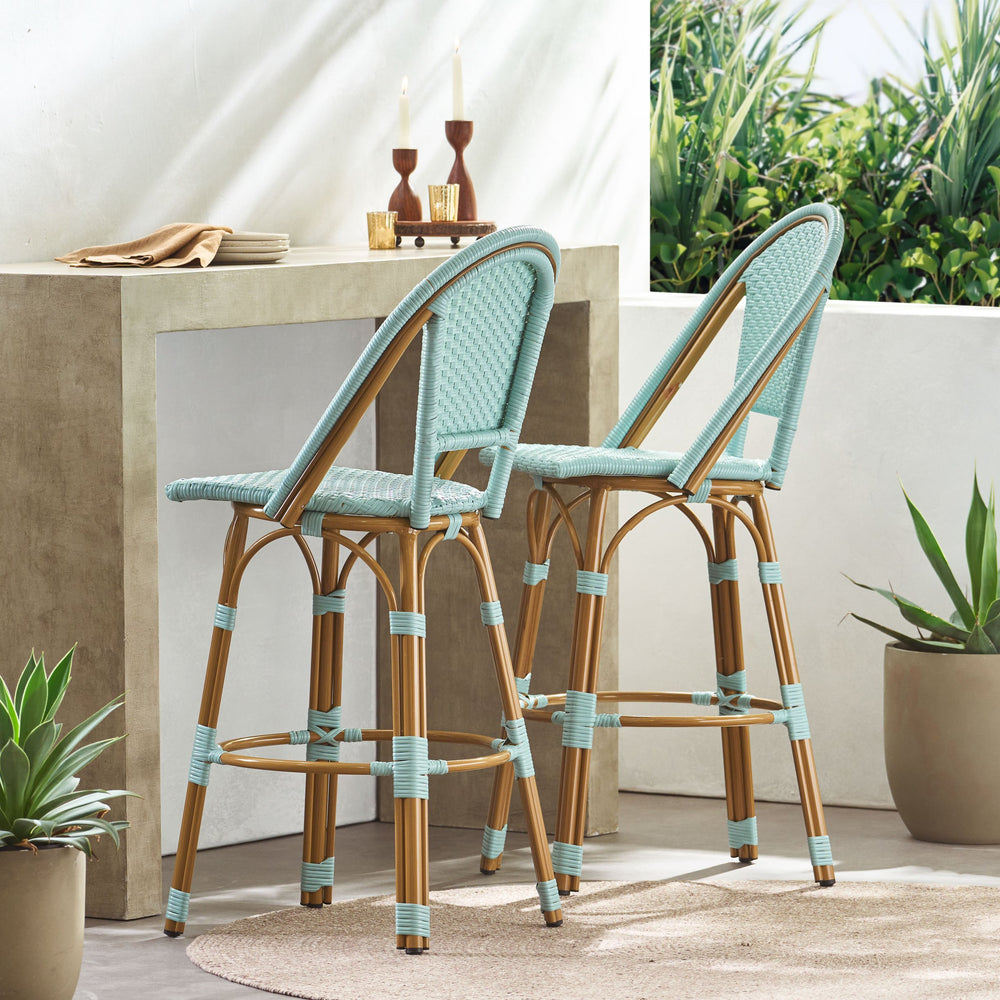 English Elm 29.5" Outdoor Pe Rattan Bistro Barstools Set of 2 Woven Teal French Cafe Style 72606.00LT