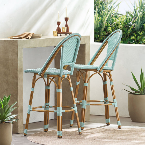 English Elm 29.5" Outdoor Pe Rattan Bistro Barstools Set of 2 Woven Teal French Cafe Style 72606.00LT
