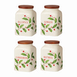 Holiday Porcelain Spice Jars Set of 4, Holly Berry Design, Wooden Lids - 1974 Classic