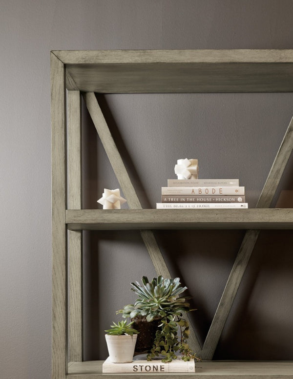 Hooker Furniture Linville Oak Veneer Etagere In Mink Finish With X-Back, 4 Fixed Shelves, Anti-Tip Hardware, 86"H 6150-50003-85