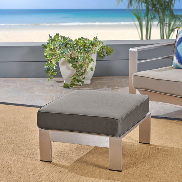 English Elm Christopher Knight Home® - CAPE Coral Ottoman - Khaki Aluminum Frame, Weather-Resistant Polyester Cushion, Silver Finish, Compact Seat 64414.00