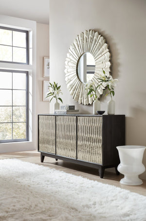 Hooker Furniture Shimmer Charcoal Mango Wood Credenza With German Silver Foil Doors, Ventilated Media Storage, 69" 5716-85001-SLV