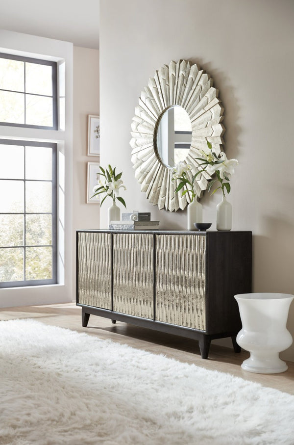 Hooker Furniture Shimmer Charcoal Mango Wood Credenza With German Silver Foil Doors, Ventilated Media Storage, 69" 5716-85001-SLV