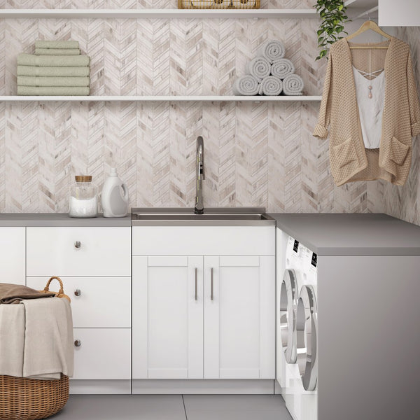 English Elm Modern Wide Shaker 28" Laundry Cabinet With Deep Stainless Steel Sink & Pull-Out Faucet - White Finish B136P158811