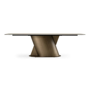 VIG Furniture Kiefer Faux Travertine Ceramic Dining Table With Bronze Pedestal Base, Seats 8, Durable Elegance VGVC-T25968