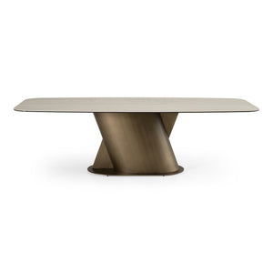 VIG Furniture Kiefer Faux Travertine Ceramic Dining Table With Bronze Pedestal Base, Seats 8, Durable Elegance VGVC-T25968