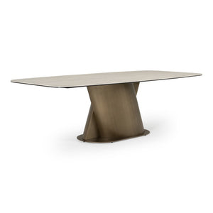 VIG Furniture Kiefer Faux Travertine Ceramic Dining Table With Bronze Pedestal Base, Seats 8, Durable Elegance VGVC-T25968