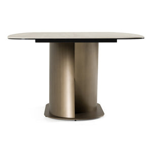 VIG Furniture Kiefer Faux Travertine Ceramic Dining Table With Bronze Pedestal Base, Seats 8, Durable Elegance VGVC-T25968