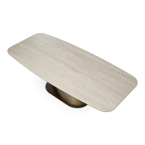 VIG Furniture Kiefer Faux Travertine Ceramic Dining Table With Bronze Pedestal Base, Seats 8, Durable Elegance VGVC-T25968