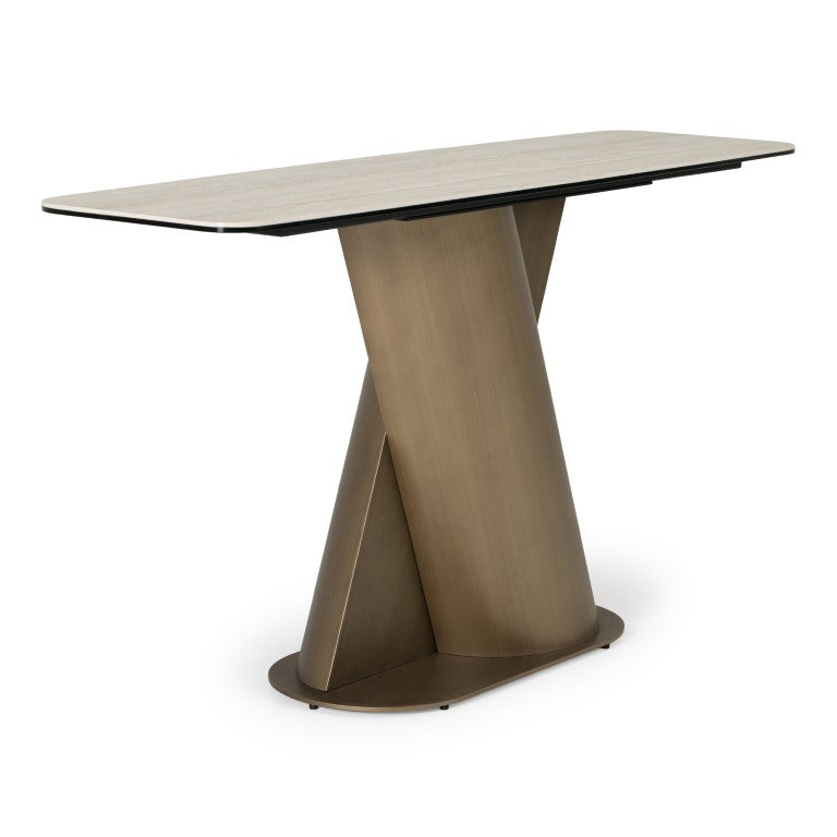 VIG Furniture Kiefer Modern Faux Travertine Console Table With Bronze Pedestal Base — Sleek Stone-Look Entryway Table VGVC-K25968