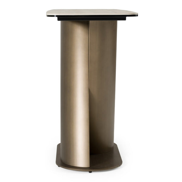 VIG Furniture Kiefer Modern Faux Travertine Console Table With Bronze Pedestal Base — Sleek Stone-Look Entryway Table VGVC-K25968