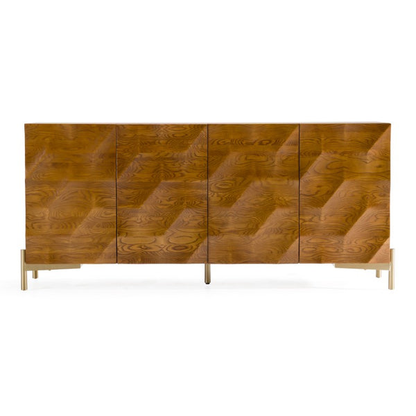 VIG Furniture Killeen Mid-Century Gold & Walnut Buffet With Carved Faces, Stainless Legs, Spacious Storage VGCSSB-17181-BRN-BUF