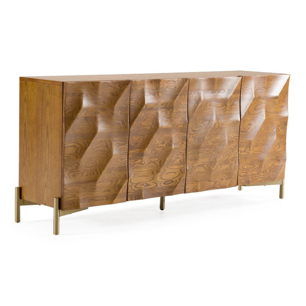 VIG Furniture Killeen Mid-Century Gold & Walnut Buffet With Carved Faces, Stainless Legs, Spacious Storage VGCSSB-17181-BRN-BUF