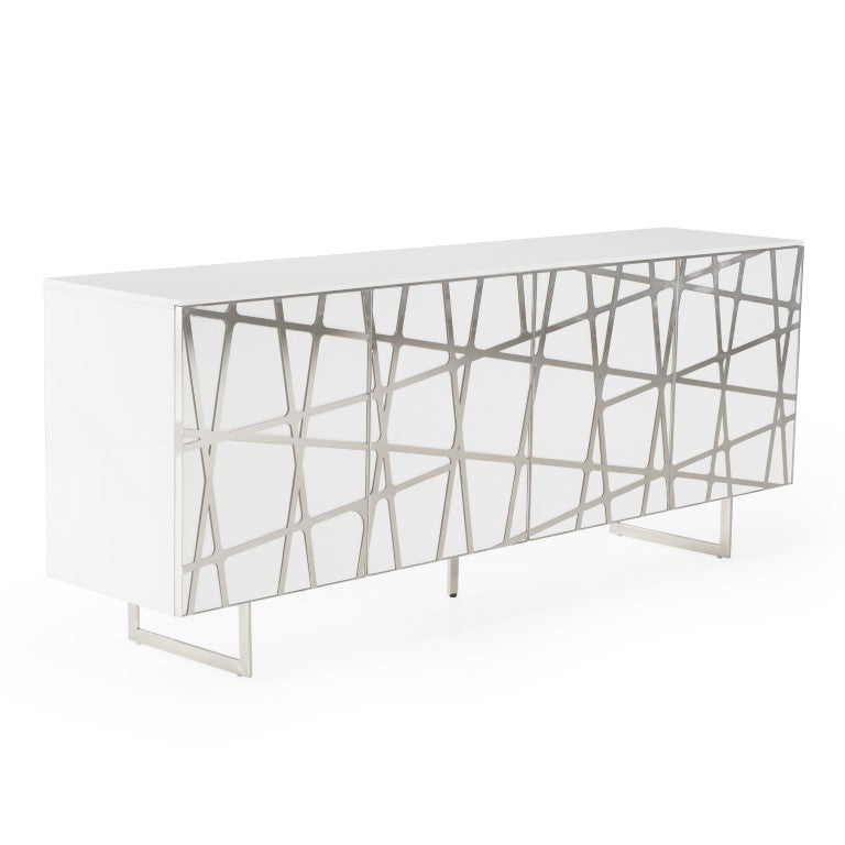 VIG Furniture Kilson Modern White Buffet With High-Gloss Lacquer, Chrome Geometric Trim & U-Shaped Steel Legs VGVCG1819-WHT