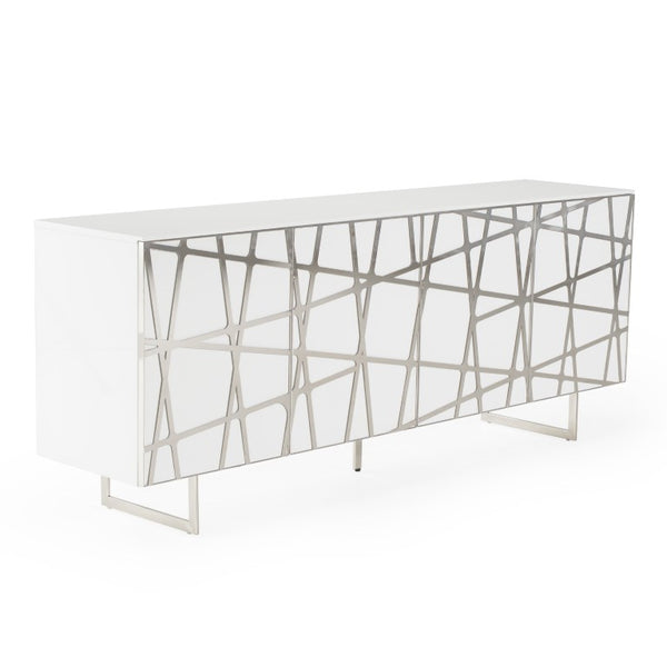 VIG Furniture Kilson Modern White Buffet With High-Gloss Lacquer, Chrome Geometric Trim & U-Shaped Steel Legs VGVCG1819-WHT