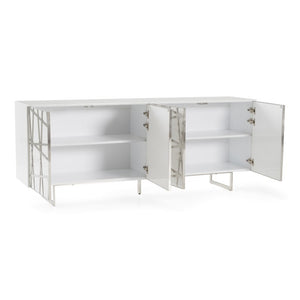 VIG Furniture Kilson Modern White Buffet With High-Gloss Lacquer, Chrome Geometric Trim & U-Shaped Steel Legs VGVCG1819-WHT