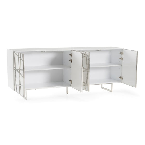 VIG Furniture Kilson Modern White Buffet With High-Gloss Lacquer, Chrome Geometric Trim & U-Shaped Steel Legs VGVCG1819-WHT