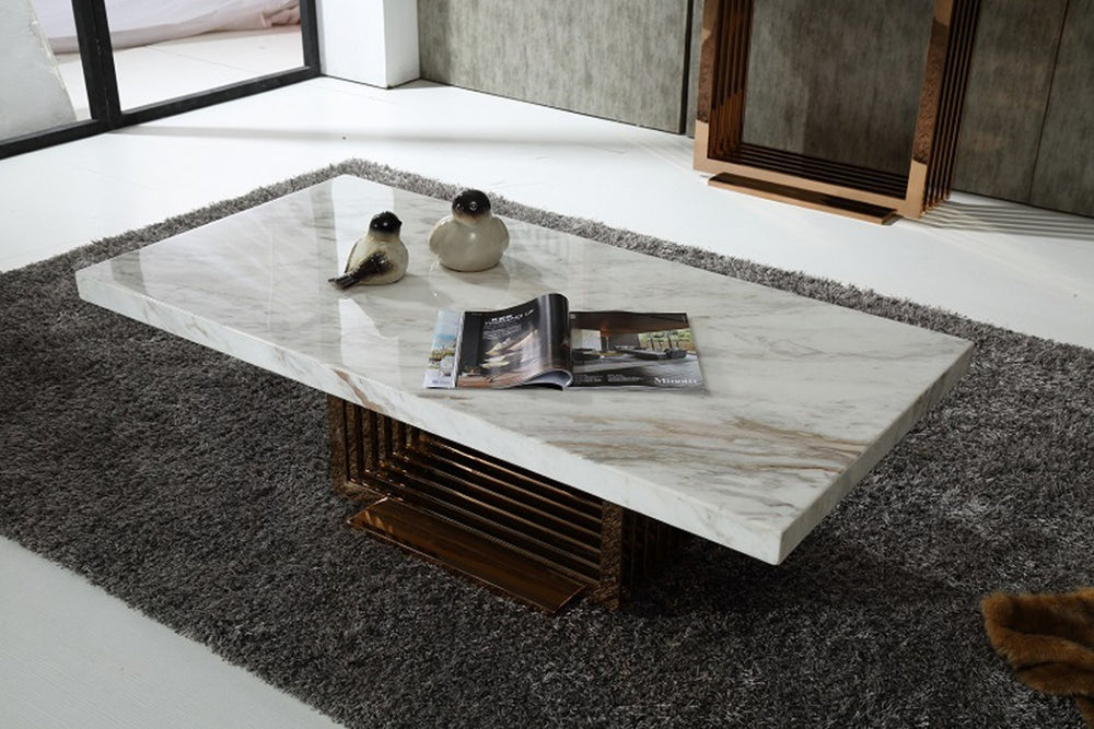VIG Furniture Kingsley Modern Marble Coffee Table With Thick Veined Top & Rose Gold Slatted Pedestal Base, 55" VGVCCT8933