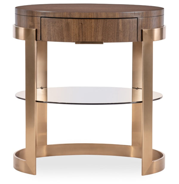 Hooker Furniture Eleana Sculptural Oval Nightstand In Light Caramel Walnut With Sunlit Bronze Accents & Floating Shelf 7252-90115-85