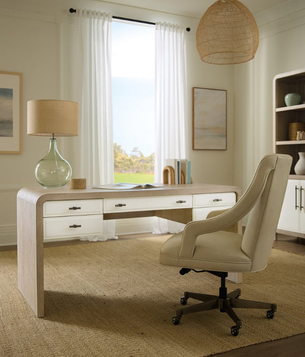 Hooker Furniture Brixton Writing Desk With Two-Tone Elm & Ivory Finish, 5 Drawers, Drop-Front Keyboard, Curved Design 6022-10458-80