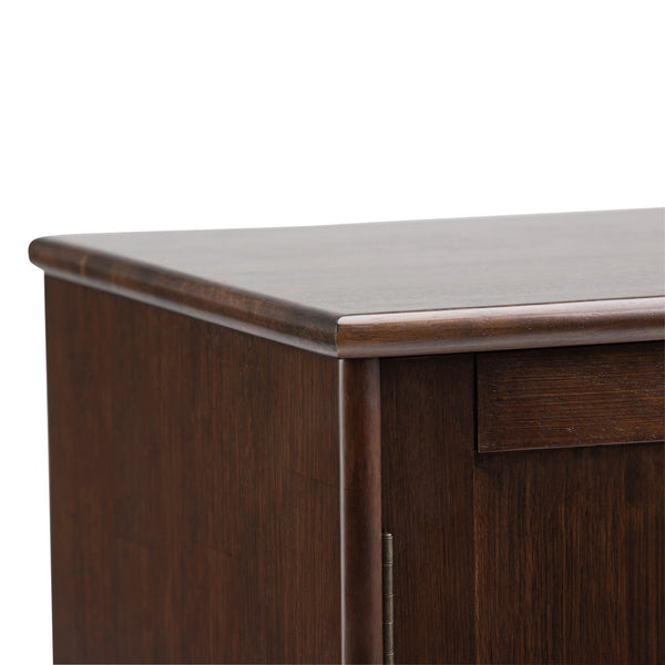 English Elm Draper Mid Century Sideboard Buffet with 12-Bottle Wine Rack, Solid Rubberwood, Medium Auburn Brown Finish, Tapered Legs and Brass Pulls B136P158156