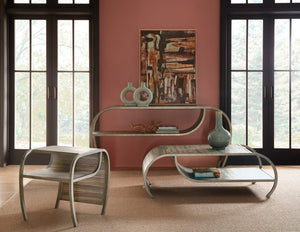 Hooker Furniture Commerce Rustic Pewter Console Table 74" W Curved Open-Ended Design With Planked Wood Shelf, Distressed Finish 7228-80207-85