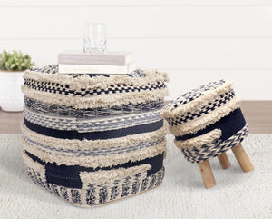 Pasargad Home Grand Canyon Cotton Pouf With Stylish Wooden Legs For Chic Living Room Decor Navy Cotton Ppf-789-1