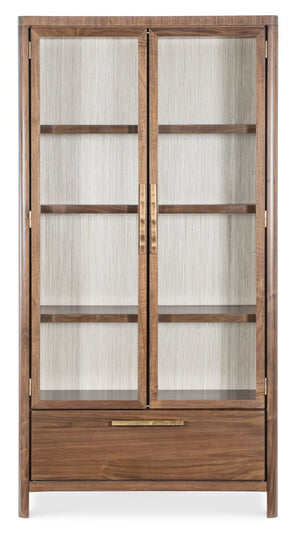 Hooker Furniture Eleana Walnut Display Cabinet With Beveled Glass, Touch Led Lighting, Grass-Cloth Back, Sunlit Bronze Hardware 7252-75906-85