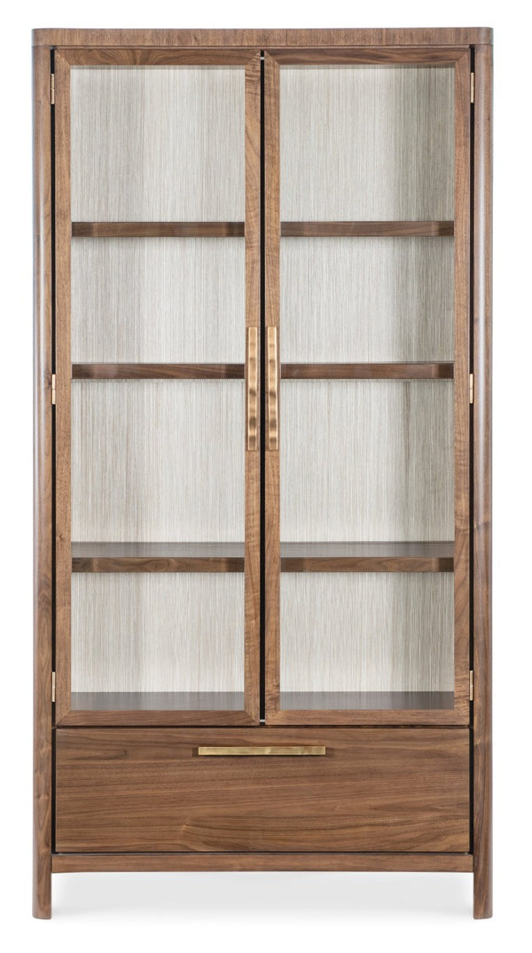 Hooker Furniture Eleana Walnut Display Cabinet With Beveled Glass, Touch Led Lighting, Grass-Cloth Back, Sunlit Bronze Hardware 7252-75906-85