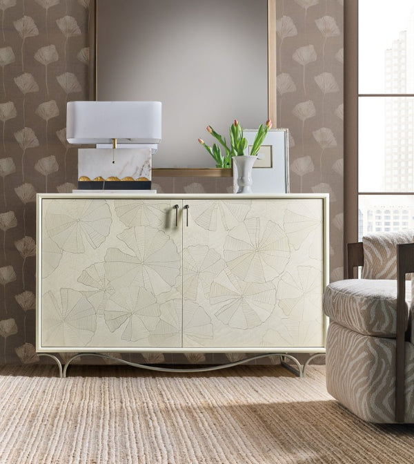 Hooker Furniture Melange White Lotus Hall Chest Artisan-Crafted White Lotus Marquetry, Soft-Close Doors, Gray Leafed Base 628-85723-02