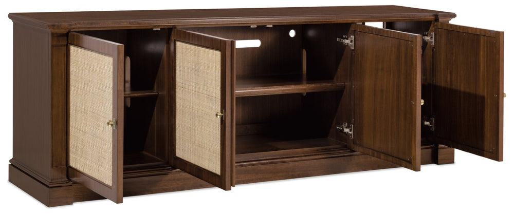 Hooker Furniture Archives Entertainment Console With Classic Walnut, Woven-Cane Doors, Ventilated Storage & 80" Tv Support 6123-55486-89