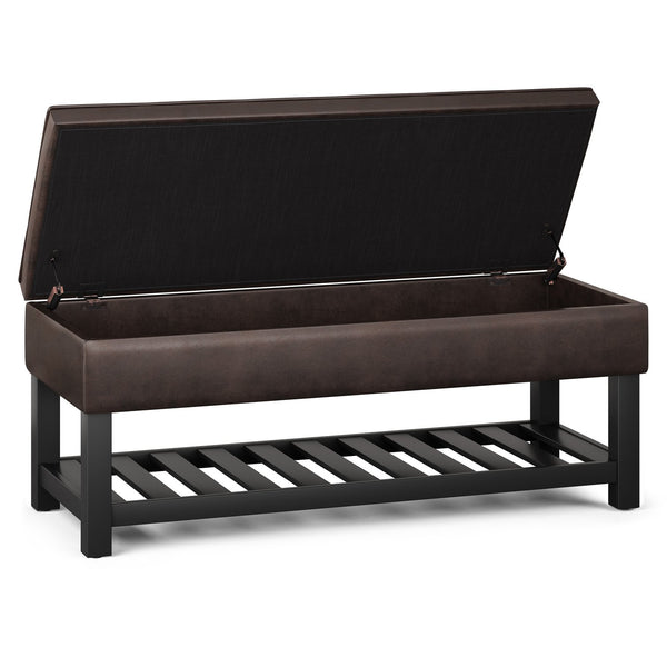 English Elm Cosmopolitan Storage Ottoman Bench - Distressed Brown Faux Leather With Hidden Storage & Safety Hinge B136P158560