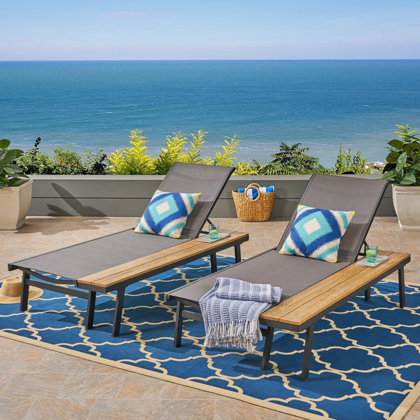 English Elm Christopher Knight Home® - Waterloo Outdoor Chaise Lounge Set Of 2 With Adjustable Recline & Attached Wood Side Table 62756.00BLKMP2