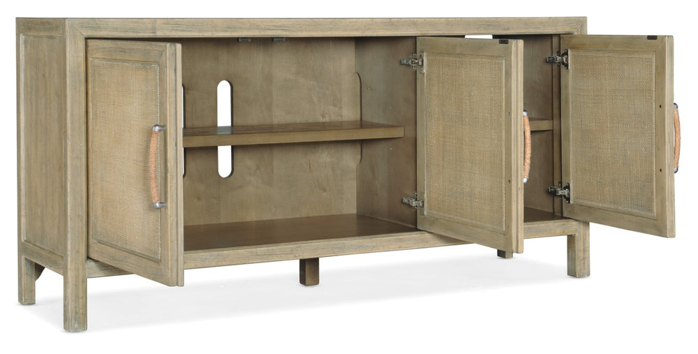 Hooker Furniture Surfrider Driftwood Media Console With Rattan Doors, Rope Hardware, Ventilated Shelves & Outlet 6015-55465-80