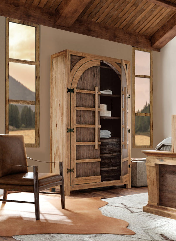 Hooker Furniture Big Sky Wardrobe Rustic Pecky Hickory Arched Top Closet With Removable Rod, Adjustable Shelves & Drawers 6700-90013-80