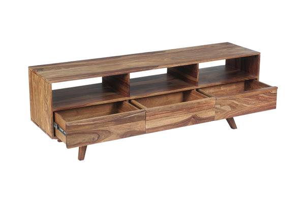 Porter Designs Porter Fusion Solid Sheesham Wood Tv Stand With 3 Drawers & Open Storage, Mid-century Modern Design Light Brown Wood 06-117-03-6733n