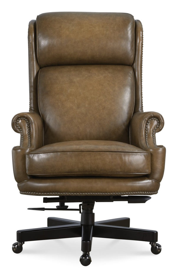 Hooker Furniture Tucker Executive Swivel Tilt Chair With Semi-Aniline Top-Grain Leather, Winged Headrest & Tilt Mechanism Brown EC841-078