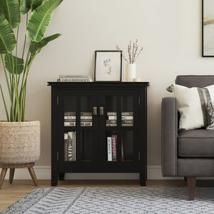 English Elm Artisan Low Storage Cabinet - Elegant Black Design With Glass Doors And Adjustable Shelves For Versatile Use B136P158391