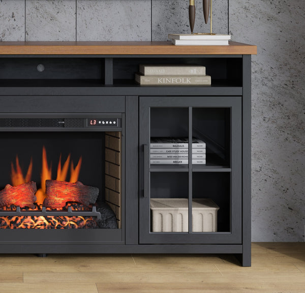 Legends Furniture Bridgevine Home Essex 74 Inch Fireplace Tv Stand Console For Tvs Up To 85 Inches, Black And Whiskey Finish Black Poplar Solids And Okoume Veneers Es5110.Swk